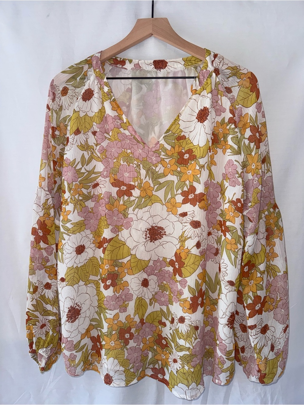 Floral V-Neck Long Sleeve Blouse - White Multi